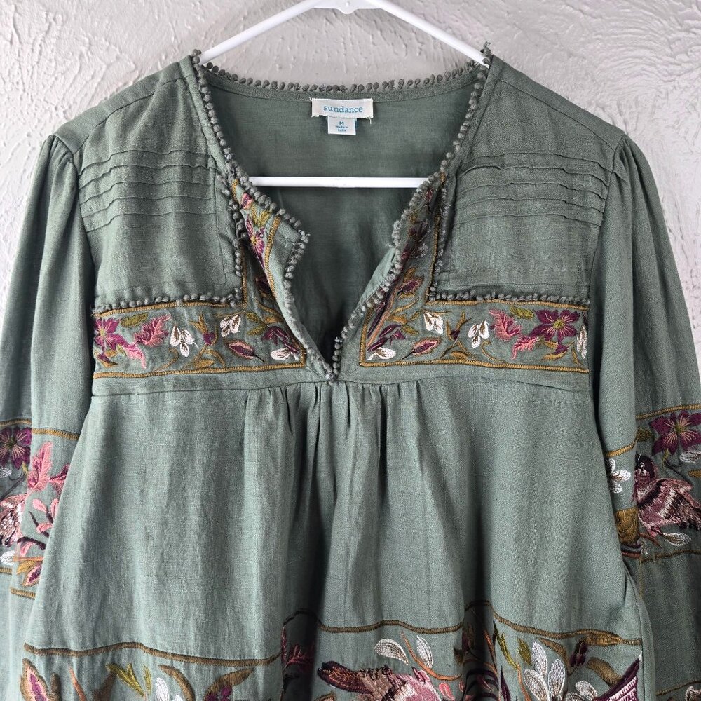 Sundance Boho Blouse Medium Dark Green Linen Floral Bird Embroidered Peasant Top - Picture 4 of 12